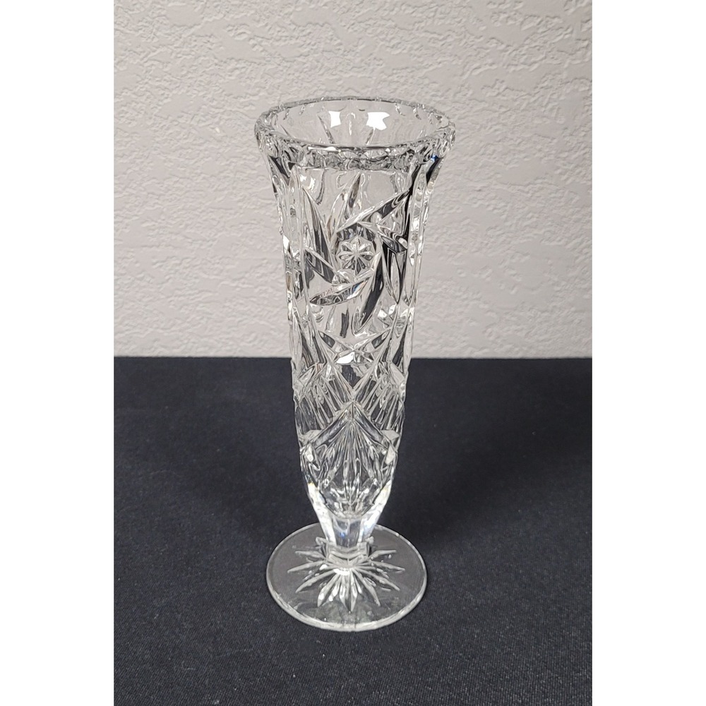 Vintage Bohemia Hand Cut Lead Crystal Pinwheel Footed Bud Vase 8"